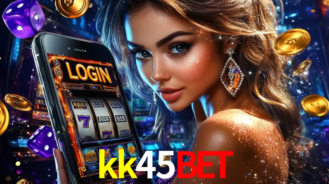 Mulher glamorosa segurando um smartphone com a tela de login para os jogos de caça-níqueis do cassino online kk45bet, com moedas de ouro e dados ao redor.
