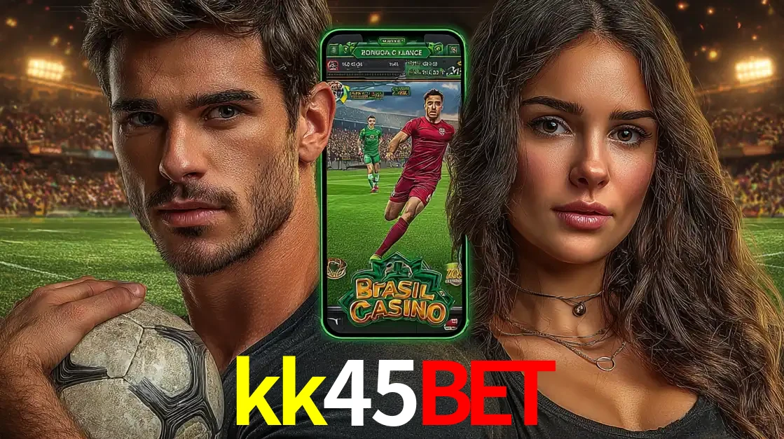 Homem segurando uma bola de futebol e uma mulher ao lado de um smartphone exibindo o jogo de apostas esportivas da kk45bet. Faça seu palpite no cassino online.